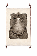 Decorative saddle with intricate designs on a beige background with leather straps