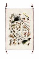 vintage-style illustration art print of various fly fishing lures and hooks, suspended by dark brown leather with knotted finials at the top and bottom against a plain white background.