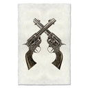 Two crossed revolvers on a textured white background