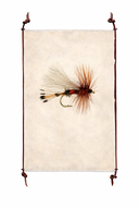 Fishing fly on a beige background with decorative frame