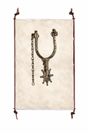 Vintage-style spur with chains on a textured white background