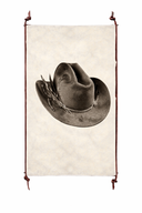 Vintage-style cowboy hat with feather on a white background with leather frame