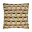 A square throw pillow featuring a textured geometric pattern of interlocking hexagonal shapes in beige, brown, and cream, set against a plain white background.