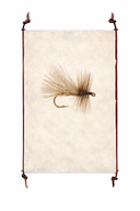Fishing fly on a beige background with decorative leather frame