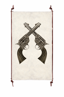 Two crossed revolvers on a textured white background with brown leather straps.
