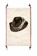 Vintage-style illustration of a hat with feathers on a textured background
