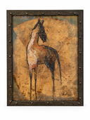 A framed abstract painting of a horse, featuring textured earthy tones of brown, gold, and black, enclosed in a dark distressed wooden frame with metal rivets.