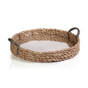 A round woven natural fiber tray with dark metal loop handles, shown on a clean white background.