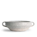 Speckled gray ceramic bowl with handles on a white background
