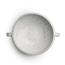 Speckled gray ceramic bowl with handles on a white background