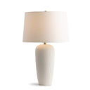 Angelina Table lamp with textured white base and beige shade on a white background