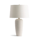 Angelina Table lamp with a textured white base and beige lampshade on a white background