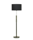 Floor lamp with a black shade and bronze base on a white background