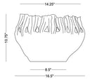 Black and white line drawing showing the dimensions of a bowl, with measurements labeled 14.25 inches at the top, 8.5" at bottom and 10.75 " tall.  16.5 width for whole piece