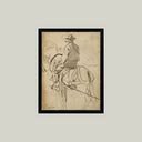 Framed artwork of a person on horseback with a hat, on a beige background