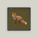 Framed artwork of a fox on a plain green background