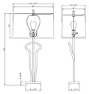 Black and white line drawing showing two dimensioned views of a table lamp with measurements for shade width, lamp height, and base width.