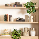 Wooden shelves with books, decorative items, and plants against a white wall.