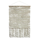 Woven wall hanging with fringe on a white background