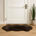 Brown fur rug on a wooden floor in front of a white door with a plant to the right.