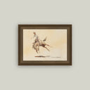Framed art print of a bucking bronco in delicate neutral tones on cream background, in a rustic gray wood frame.