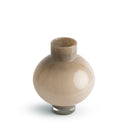 A small glossy ceramic vase with a rounded bulbous body and a short flared neck, shown on a clean white background.