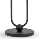 A minimalist black metal stand with a round base, a central sphere, and two parallel upright tubes, shown against a plain white background.