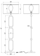Black and white technical line drawing showing dimensions of a modern table lamp with a square shade, oval chain-link style stem, and round base.