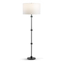 Side view of a modern floor lamp with a matte black metal frame featuring spherical accents and a cylindrical off-white fabric shade, shown against a plain white background.