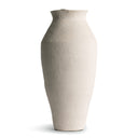 A tall, textured ceramic vase with a narrow neck and flared rim, in a matte off-white finish, shown against a plain white background.
