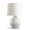 White Genoa table lamp with a beige shade on a white background