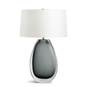 James Table Lamp with a silver and grey base and white shade on a white background