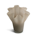 A fluted, ruffled glass vase in a smoky taupe-gray color, shown on a clean white background with a soft shadow.