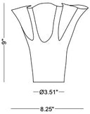 Black and white line drawing showing the dimensions of the vase, with a height of 6 inches, a diameter of 3.51 inches, and a base width of 8.