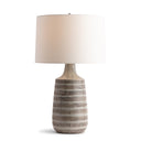 Marilyn Table lamp with striped ceramic base and beige lampshade on a white background