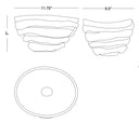 Black and white line drawing showing three views of a round bowl or planter: two side profile views with measurements 11.75 inches and 9.