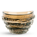 A set of three stacked textured glass bowls in amber brown and smoky gray, photographed on a clean white background.