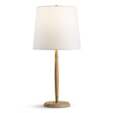 Table lamp with white shade, wooden base, and gold accent on a white background