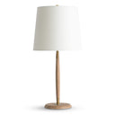 Table lamp with white shade and wooden base on a white background