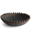 Raleigh brown and black ceramic bowl with bead-like embellishments on a white background.