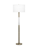 A modern floor lamp with a white drum shade, a brushed brass-finished metal stand, and a clear cylindrical glass accent in the center, shown against a plain white background.