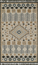 Tahoe Area Rug in cream and navy blue southwestern geometric tribal pattern area rug with fringe edges.