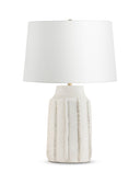 Valentina Table lamp with a textured white base and white shade on a white background