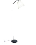 A modern floor lamp with a slim black metal stand, adjustable curved neck, and a tapered white shade, shown on a plain white background.