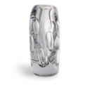 A clear glass vase with a rounded rectangular shape and an abstract, raised bubbly pattern on its front, set against a plain white background.